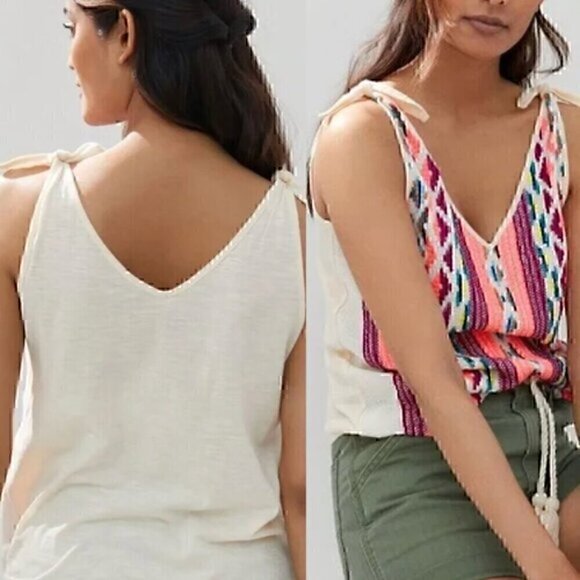 DOLAN LEFT COAST ANTHROPOLOGIE Cream Beige Multicolor Embroidered V-Neck Tank XS - Picture 1 of 16